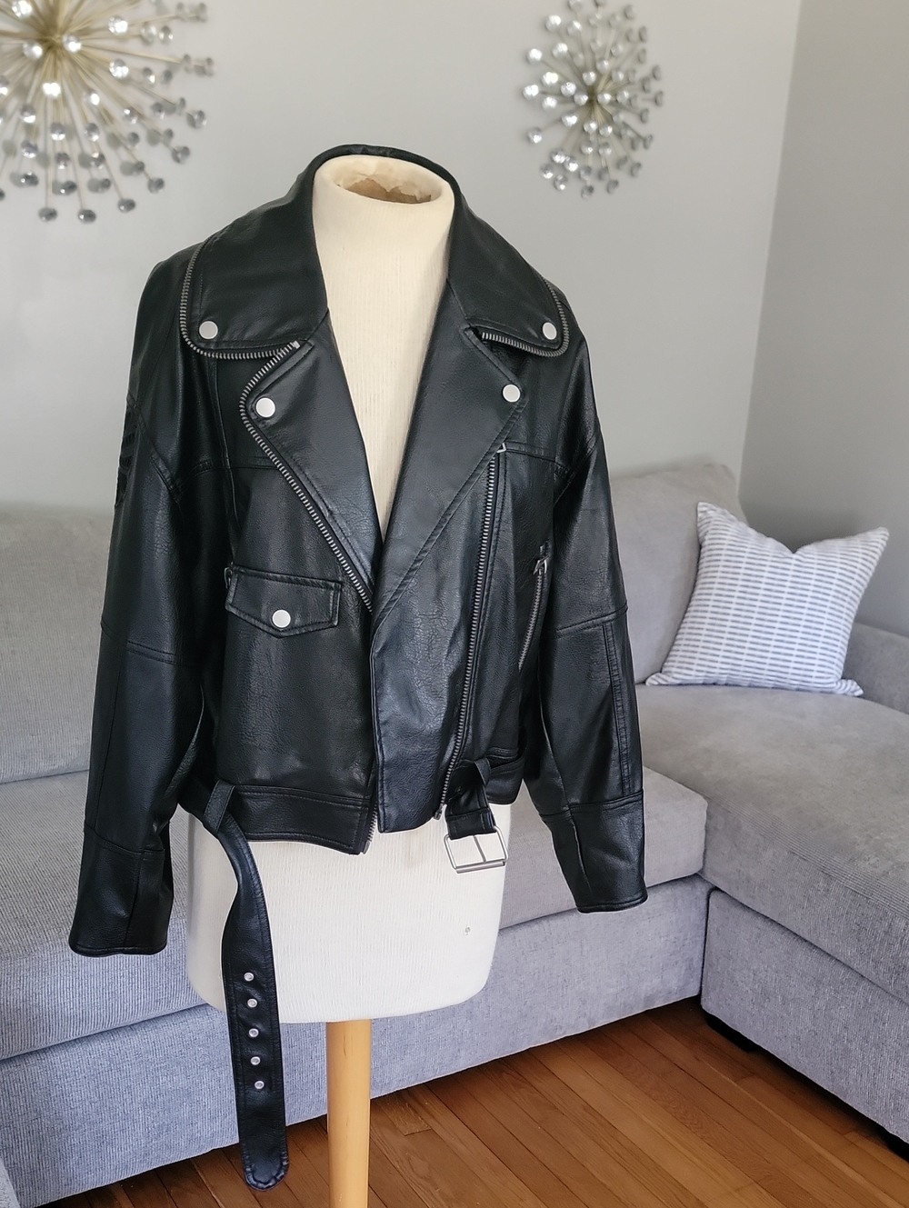 Anthropologie Black Faux Leather Moto Jacket with Belt